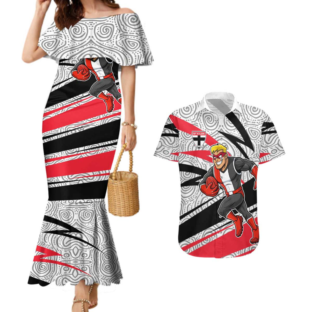 St Kilda Saints Australian Football Couples Matching Mermaid Dress and Hawaiian Shirt Superhero Mascot Art With Indigenous Pattern Art