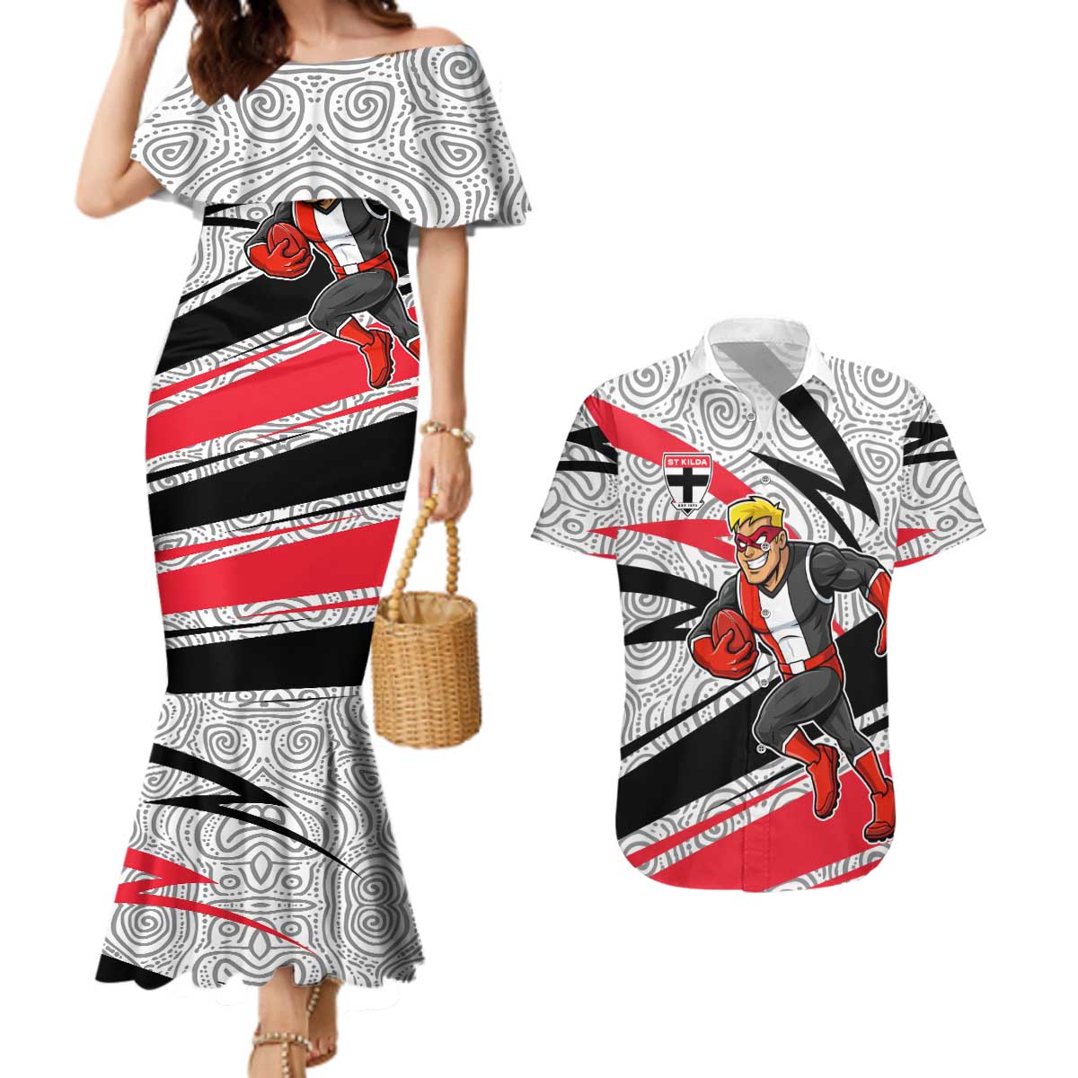 St Kilda Saints Australian Football Couples Matching Mermaid Dress and Hawaiian Shirt Superhero Mascot Art With Indigenous Pattern Art