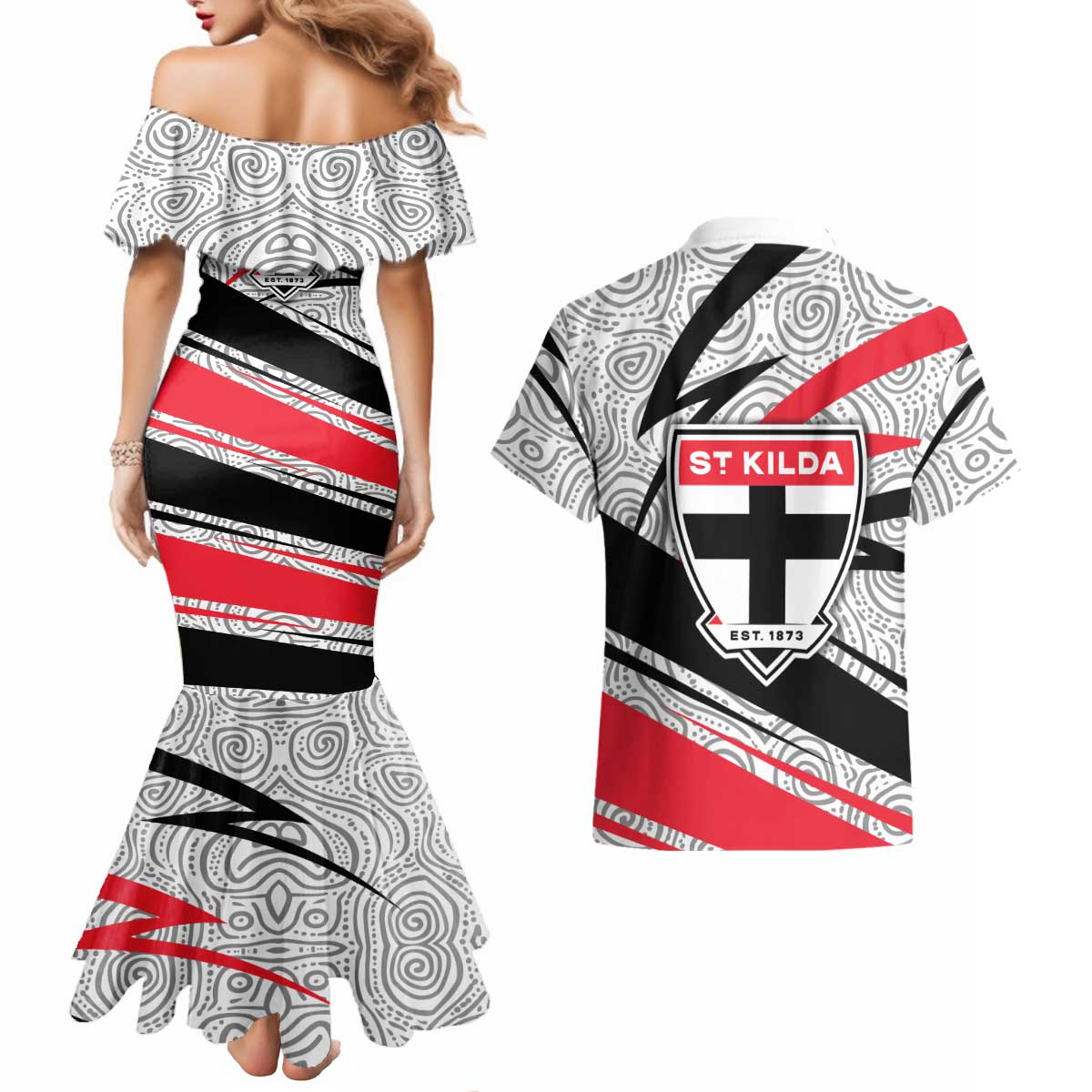 St Kilda Saints Australian Football Couples Matching Mermaid Dress and Hawaiian Shirt Superhero Mascot Art With Indigenous Pattern Art