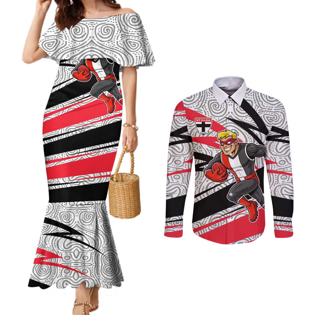 St Kilda Saints Australian Football Couples Matching Mermaid Dress and Long Sleeve Button Shirt Superhero Mascot Art With Indigenous Pattern Art
