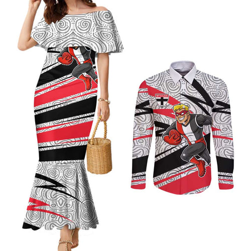 St Kilda Saints Australian Football Couples Matching Mermaid Dress and Long Sleeve Button Shirt Superhero Mascot Art With Indigenous Pattern Art