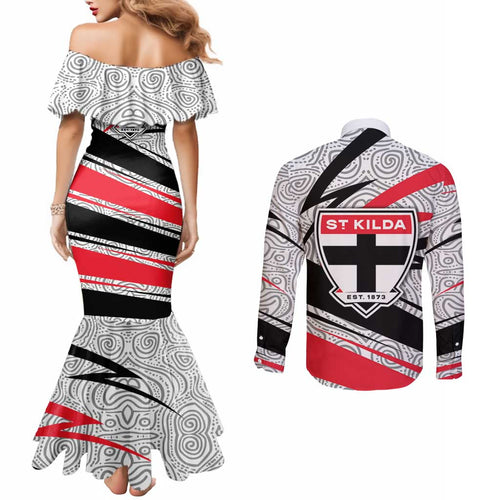 St Kilda Saints Australian Football Couples Matching Mermaid Dress and Long Sleeve Button Shirt Superhero Mascot Art With Indigenous Pattern Art