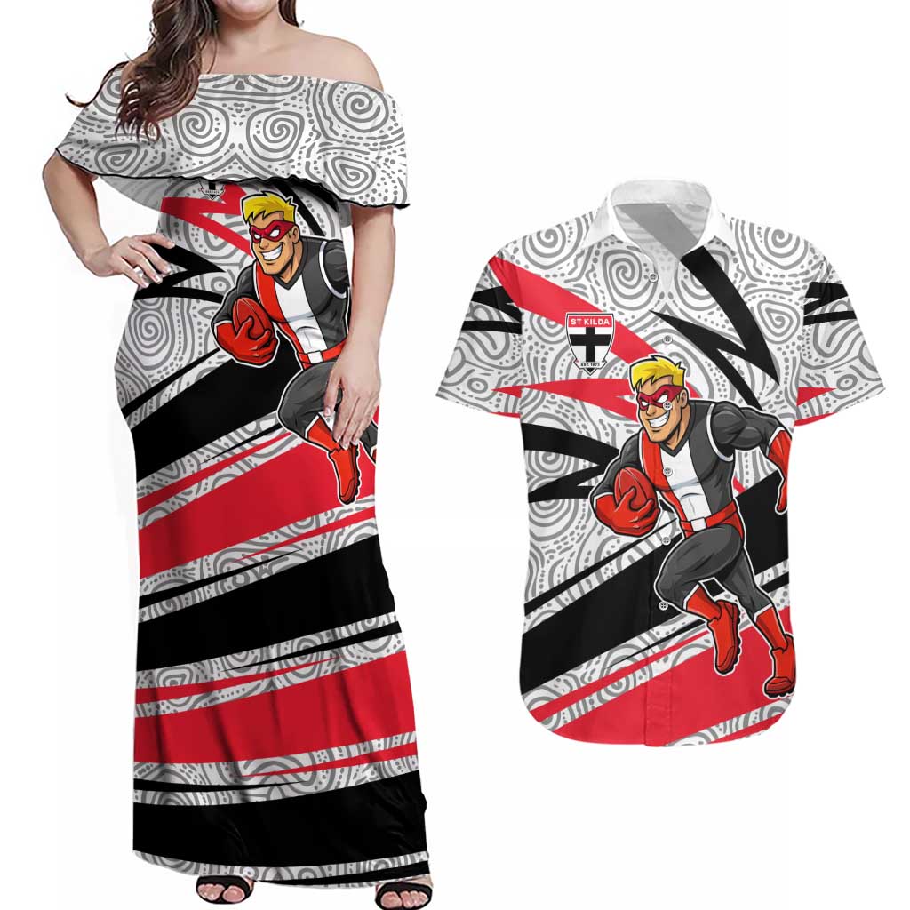 St Kilda Saints Australian Football Couples Matching Off Shoulder Maxi Dress and Hawaiian Shirt Superhero Mascot Art With Indigenous Pattern Art