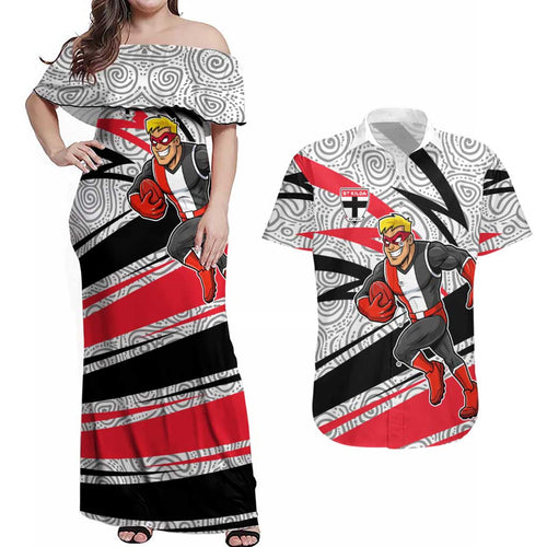 St Kilda Saints Australian Football Couples Matching Off Shoulder Maxi Dress and Hawaiian Shirt Superhero Mascot Art With Indigenous Pattern Art