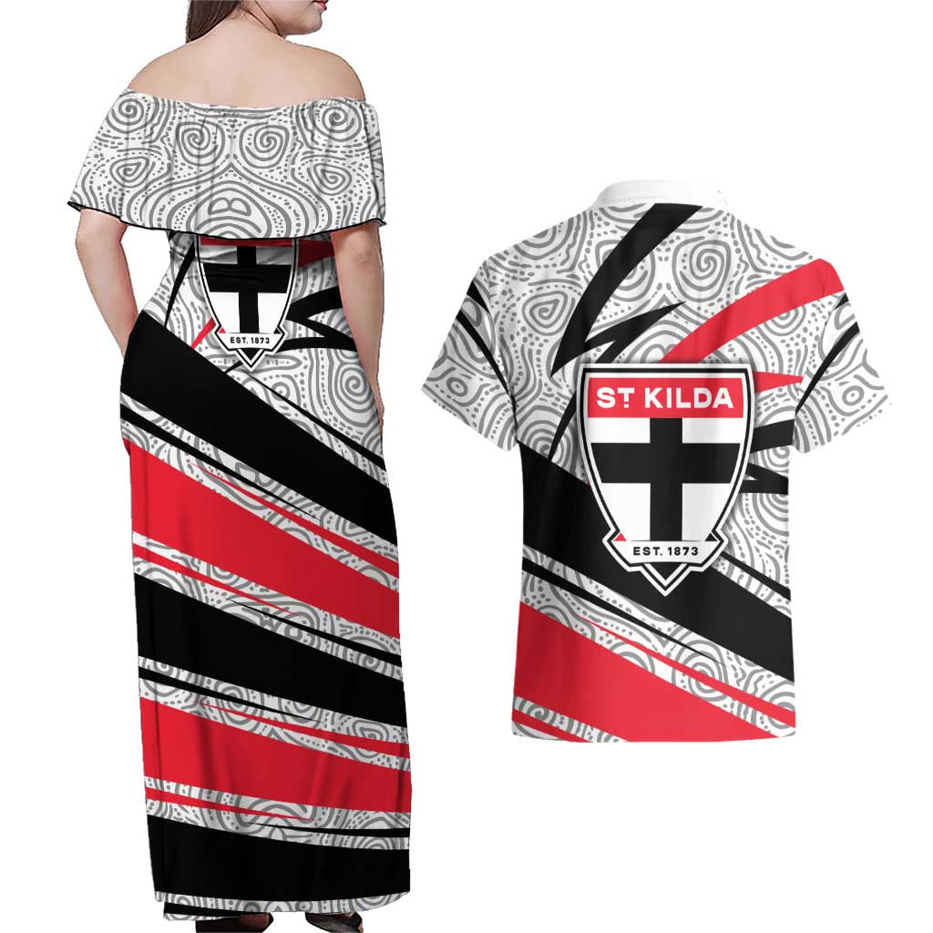 St Kilda Saints Australian Football Couples Matching Off Shoulder Maxi Dress and Hawaiian Shirt Superhero Mascot Art With Indigenous Pattern Art