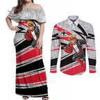 St Kilda Saints Australian Football Couples Matching Off Shoulder Maxi Dress and Long Sleeve Button Shirt Superhero Mascot Art With Indigenous Pattern Art