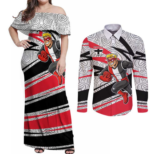 St Kilda Saints Australian Football Couples Matching Off Shoulder Maxi Dress and Long Sleeve Button Shirt Superhero Mascot Art With Indigenous Pattern Art