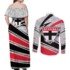 St Kilda Saints Australian Football Couples Matching Off Shoulder Maxi Dress and Long Sleeve Button Shirt Superhero Mascot Art With Indigenous Pattern Art