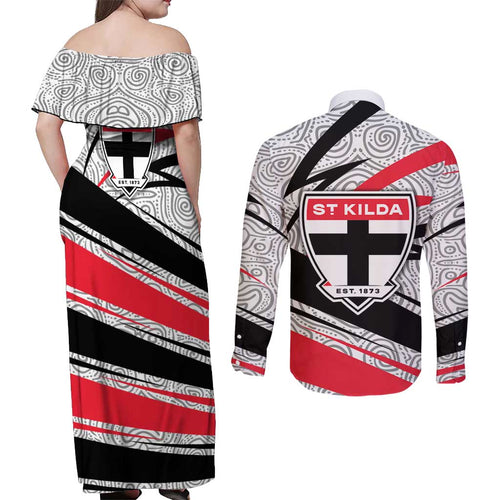 St Kilda Saints Australian Football Couples Matching Off Shoulder Maxi Dress and Long Sleeve Button Shirt Superhero Mascot Art With Indigenous Pattern Art