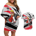 St Kilda Saints Australian Football Couples Matching Off Shoulder Short Dress and Hawaiian Shirt Superhero Mascot Art With Indigenous Pattern Art