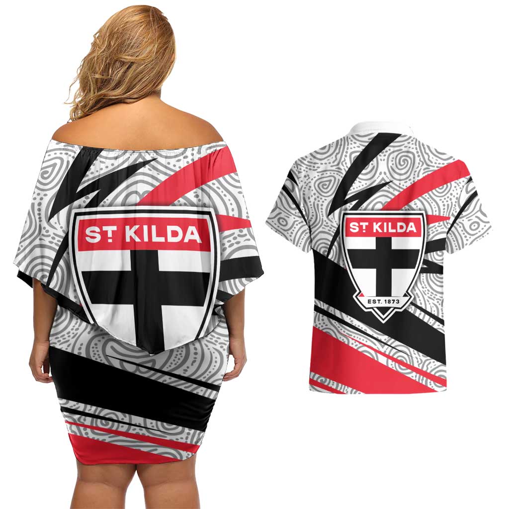 St Kilda Saints Australian Football Couples Matching Off Shoulder Short Dress and Hawaiian Shirt Superhero Mascot Art With Indigenous Pattern Art