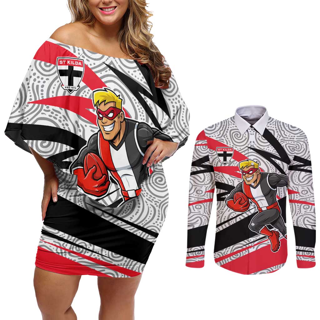 St Kilda Saints Australian Football Couples Matching Off Shoulder Short Dress and Long Sleeve Button Shirt Superhero Mascot Art With Indigenous Pattern Art