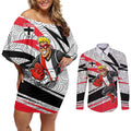 St Kilda Saints Australian Football Couples Matching Off Shoulder Short Dress and Long Sleeve Button Shirt Superhero Mascot Art With Indigenous Pattern Art