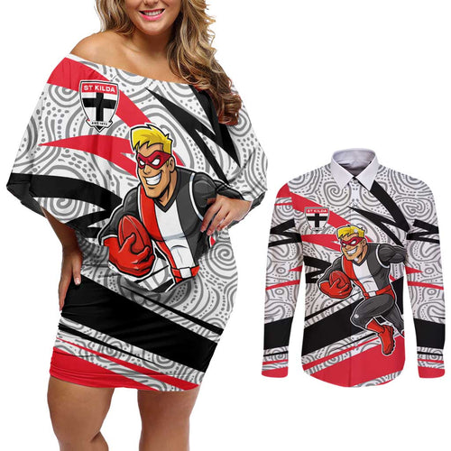 St Kilda Saints Australian Football Couples Matching Off Shoulder Short Dress and Long Sleeve Button Shirt Superhero Mascot Art With Indigenous Pattern Art