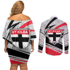 St Kilda Saints Australian Football Couples Matching Off Shoulder Short Dress and Long Sleeve Button Shirt Superhero Mascot Art With Indigenous Pattern Art
