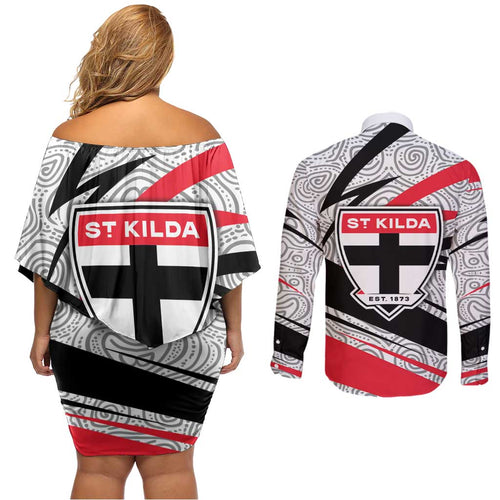 St Kilda Saints Australian Football Couples Matching Off Shoulder Short Dress and Long Sleeve Button Shirt Superhero Mascot Art With Indigenous Pattern Art