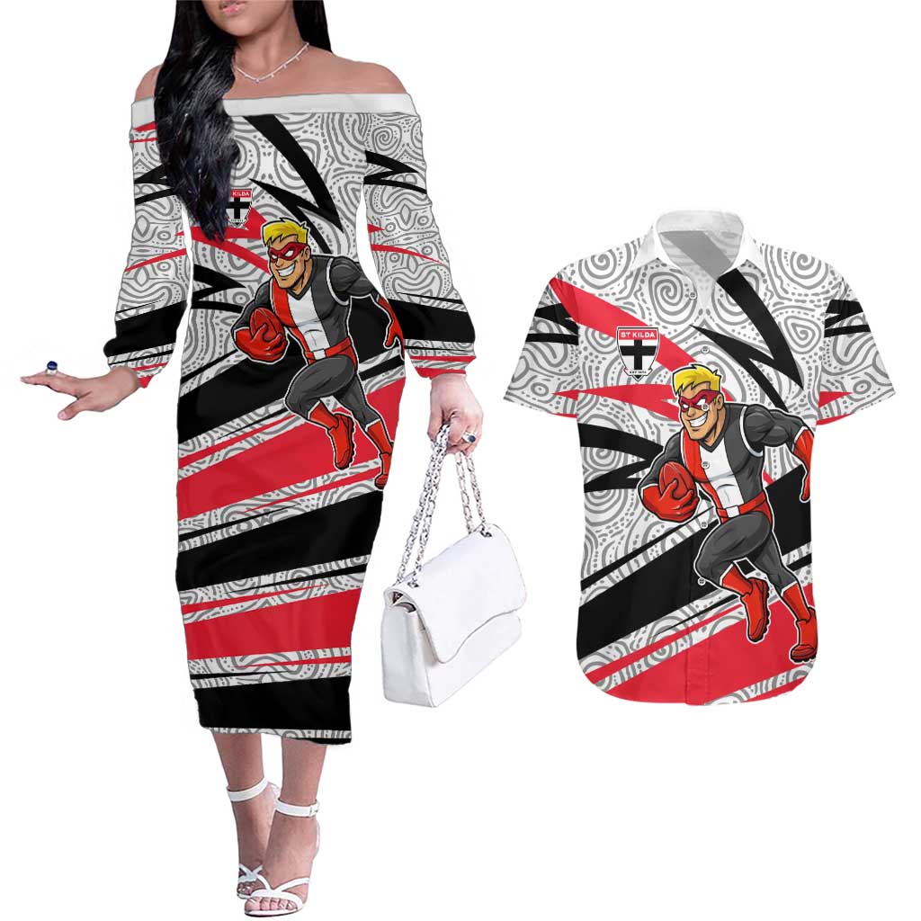 St Kilda Saints Australian Football Couples Matching Off The Shoulder Long Sleeve Dress and Hawaiian Shirt Superhero Mascot Art With Indigenous Pattern Art