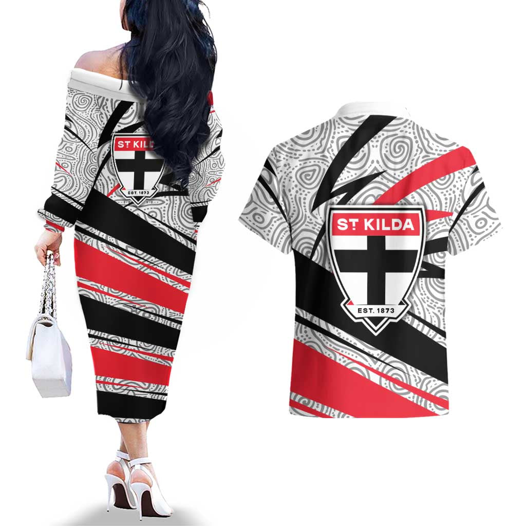 St Kilda Saints Australian Football Couples Matching Off The Shoulder Long Sleeve Dress and Hawaiian Shirt Superhero Mascot Art With Indigenous Pattern Art