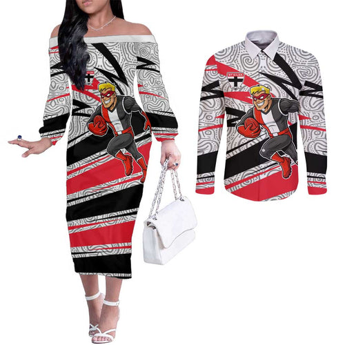St Kilda Saints Australian Football Couples Matching Off The Shoulder Long Sleeve Dress and Long Sleeve Button Shirt Superhero Mascot Art With Indigenous Pattern Art