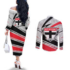 St Kilda Saints Australian Football Couples Matching Off The Shoulder Long Sleeve Dress and Long Sleeve Button Shirt Superhero Mascot Art With Indigenous Pattern Art