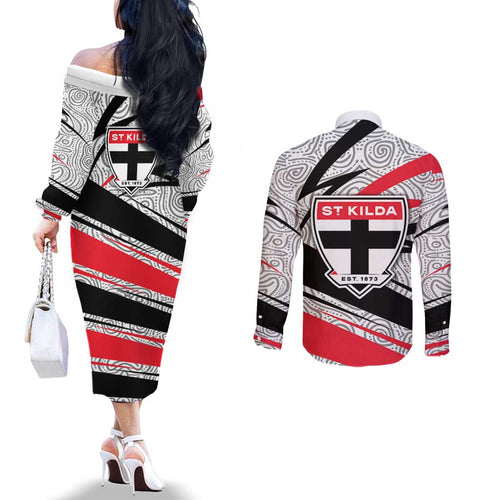 St Kilda Saints Australian Football Couples Matching Off The Shoulder Long Sleeve Dress and Long Sleeve Button Shirt Superhero Mascot Art With Indigenous Pattern Art