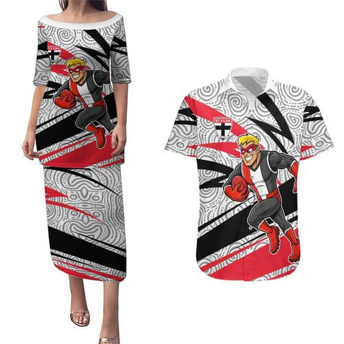 St Kilda Saints Australian Football Couples Matching Puletasi and Hawaiian Shirt Superhero Mascot Art With Indigenous Pattern Art