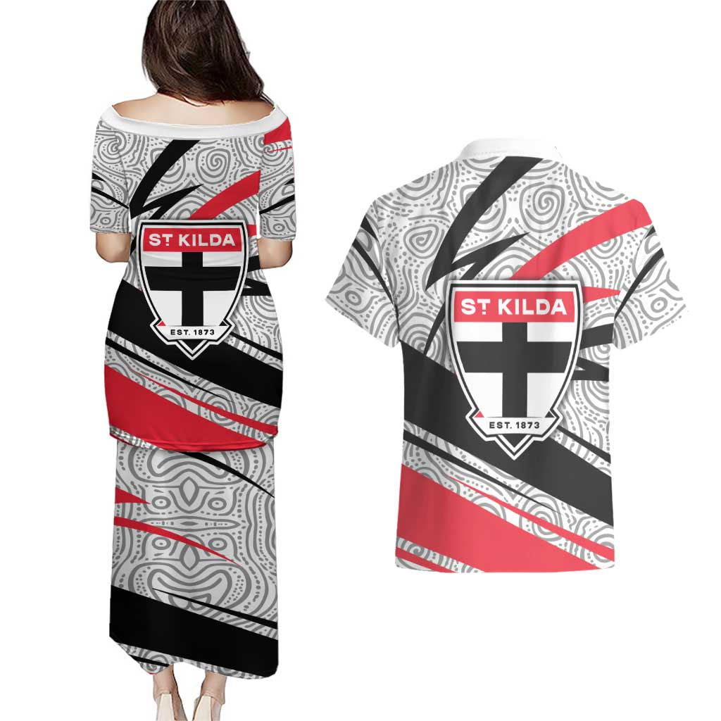 St Kilda Saints Australian Football Couples Matching Puletasi and Hawaiian Shirt Superhero Mascot Art With Indigenous Pattern Art