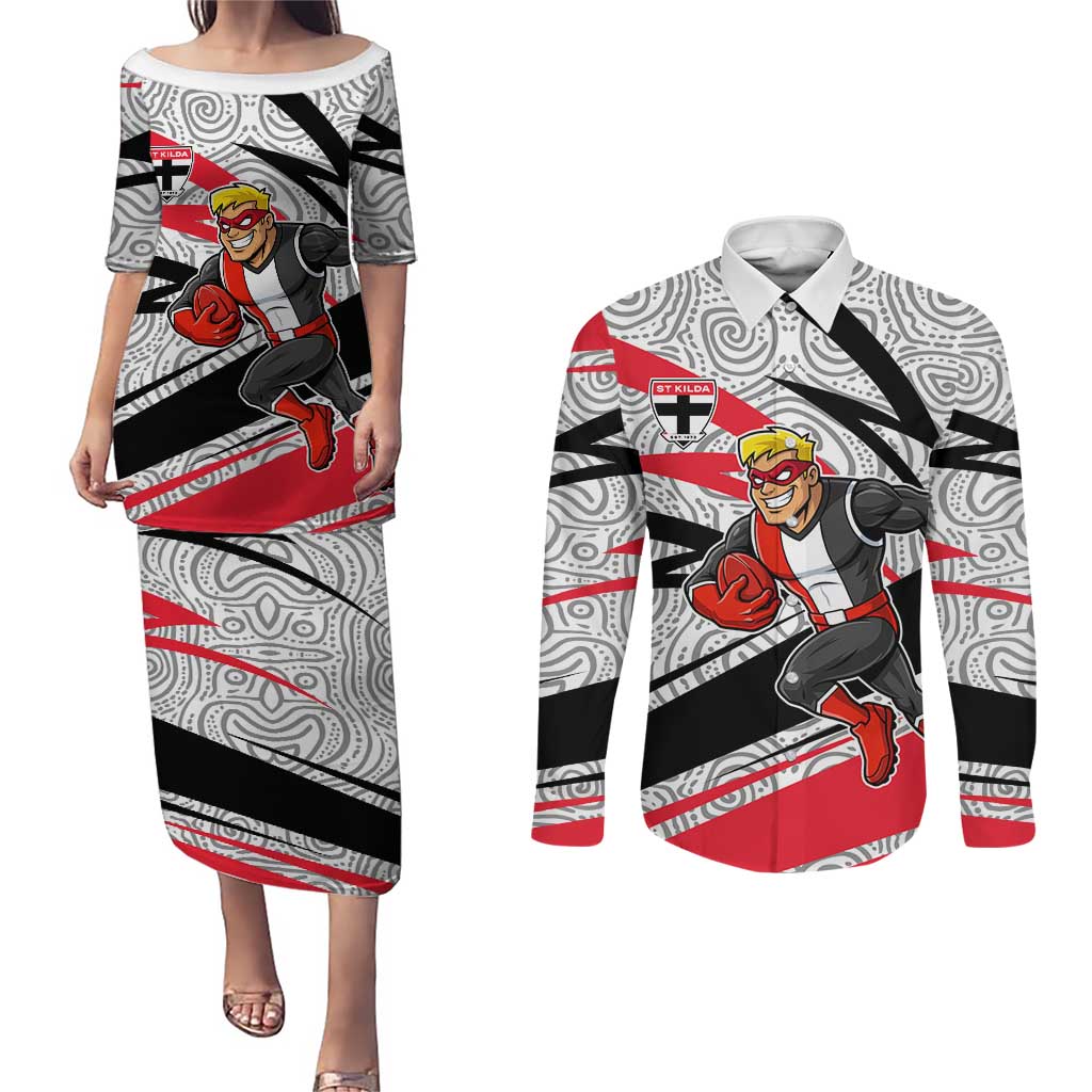 St Kilda Saints Australian Football Couples Matching Puletasi and Long Sleeve Button Shirt Superhero Mascot Art With Indigenous Pattern Art