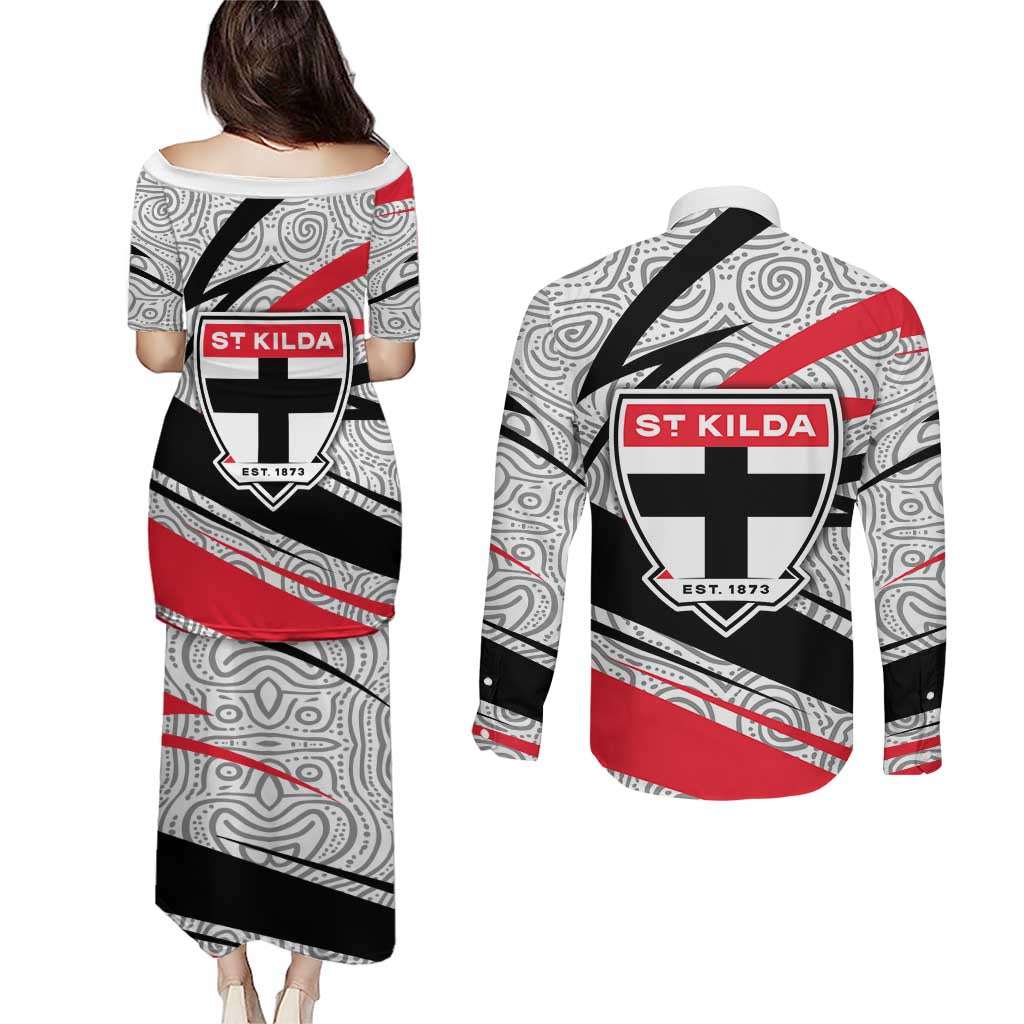 St Kilda Saints Australian Football Couples Matching Puletasi and Long Sleeve Button Shirt Superhero Mascot Art With Indigenous Pattern Art