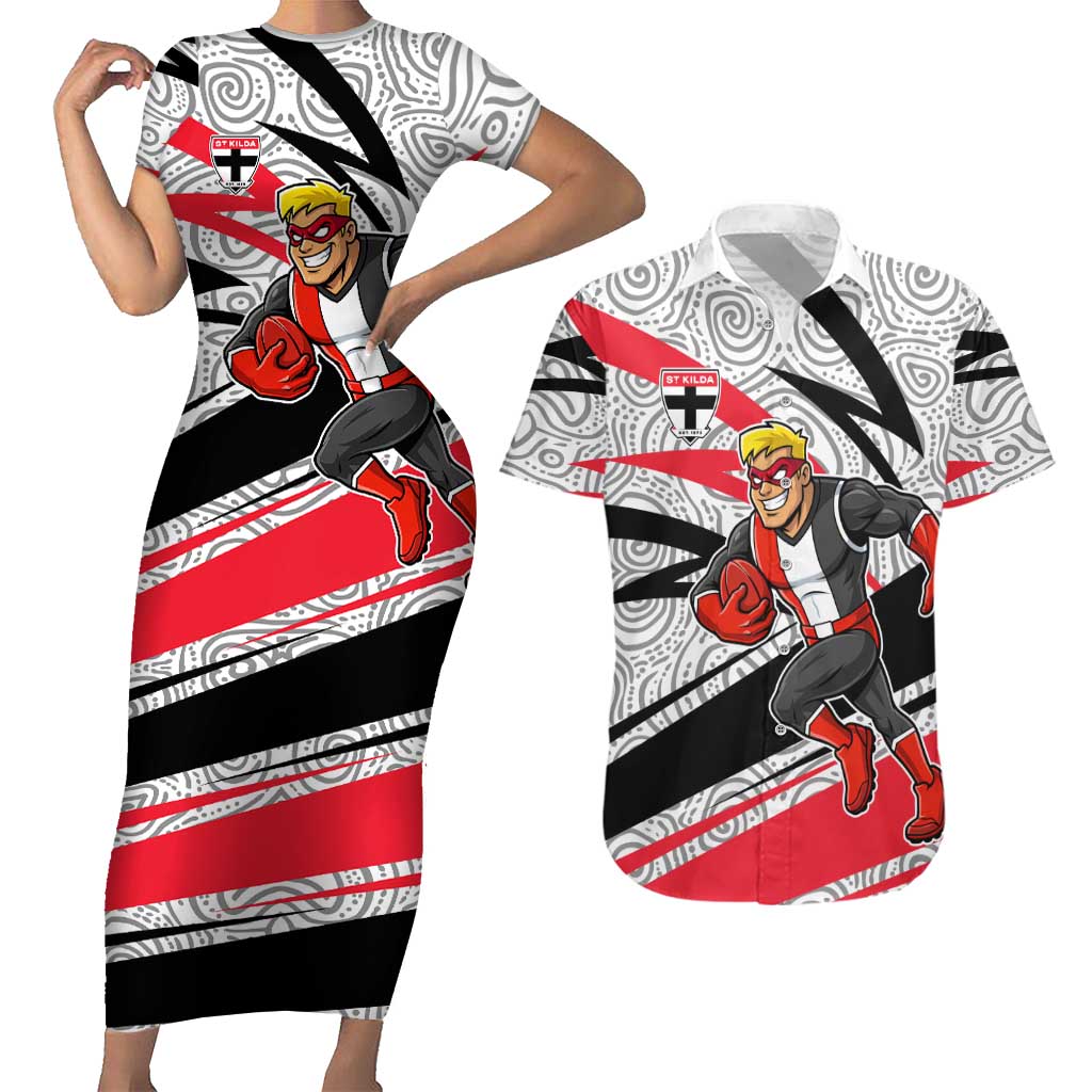 St Kilda Saints Australian Football Couples Matching Short Sleeve Bodycon Dress and Hawaiian Shirt Superhero Mascot Art With Indigenous Pattern Art