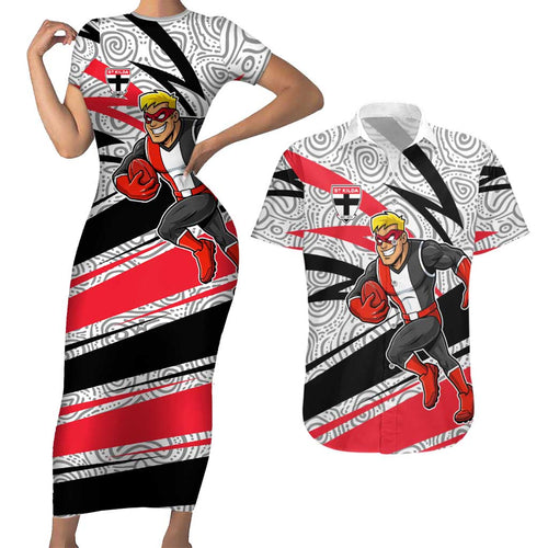 St Kilda Saints Australian Football Couples Matching Short Sleeve Bodycon Dress and Hawaiian Shirt Superhero Mascot Art With Indigenous Pattern Art