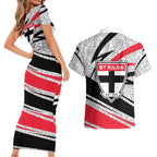 St Kilda Saints Australian Football Couples Matching Short Sleeve Bodycon Dress and Hawaiian Shirt Superhero Mascot Art With Indigenous Pattern Art