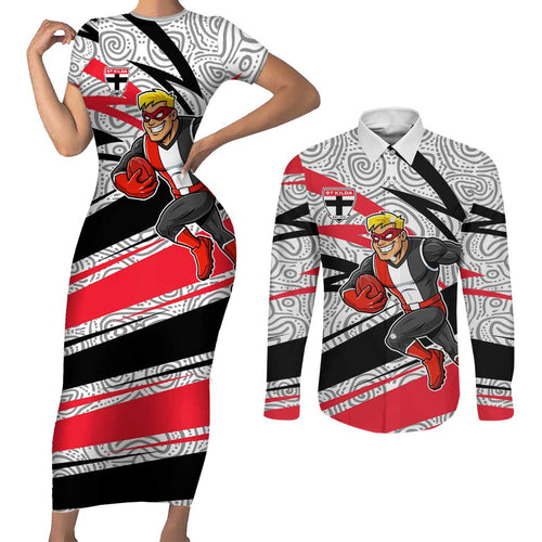St Kilda Saints Australian Football Couples Matching Short Sleeve Bodycon Dress and Long Sleeve Button Shirt Superhero Mascot Art With Indigenous Pattern Art
