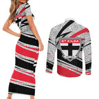 St Kilda Saints Australian Football Couples Matching Short Sleeve Bodycon Dress and Long Sleeve Button Shirt Superhero Mascot Art With Indigenous Pattern Art
