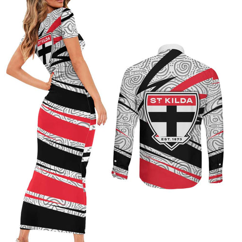 St Kilda Saints Australian Football Couples Matching Short Sleeve Bodycon Dress and Long Sleeve Button Shirt Superhero Mascot Art With Indigenous Pattern Art