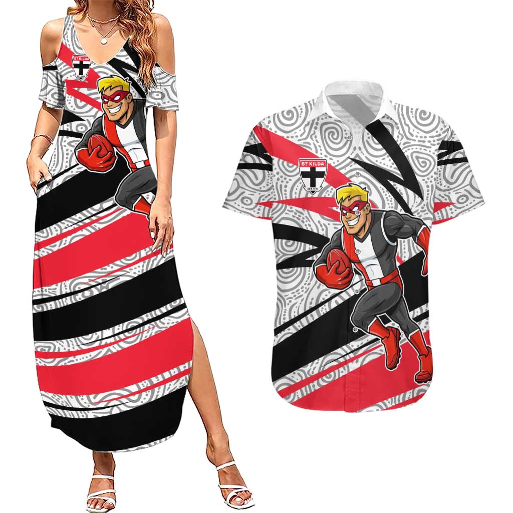 St Kilda Saints Australian Football Couples Matching Summer Maxi Dress and Hawaiian Shirt Superhero Mascot Art With Indigenous Pattern Art