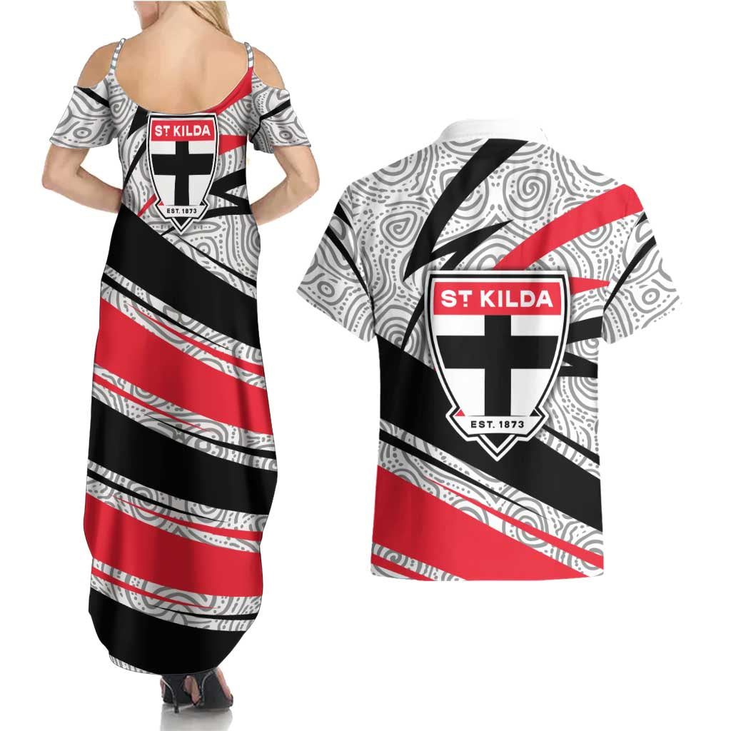 St Kilda Saints Australian Football Couples Matching Summer Maxi Dress and Hawaiian Shirt Superhero Mascot Art With Indigenous Pattern Art