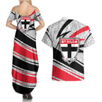 St Kilda Saints Australian Football Couples Matching Summer Maxi Dress and Hawaiian Shirt Superhero Mascot Art With Indigenous Pattern Art