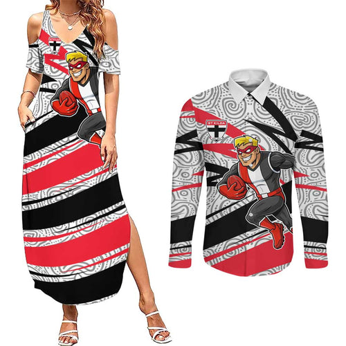 St Kilda Saints Australian Football Couples Matching Summer Maxi Dress and Long Sleeve Button Shirt Superhero Mascot Art With Indigenous Pattern Art