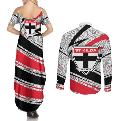 St Kilda Saints Australian Football Couples Matching Summer Maxi Dress and Long Sleeve Button Shirt Superhero Mascot Art With Indigenous Pattern Art