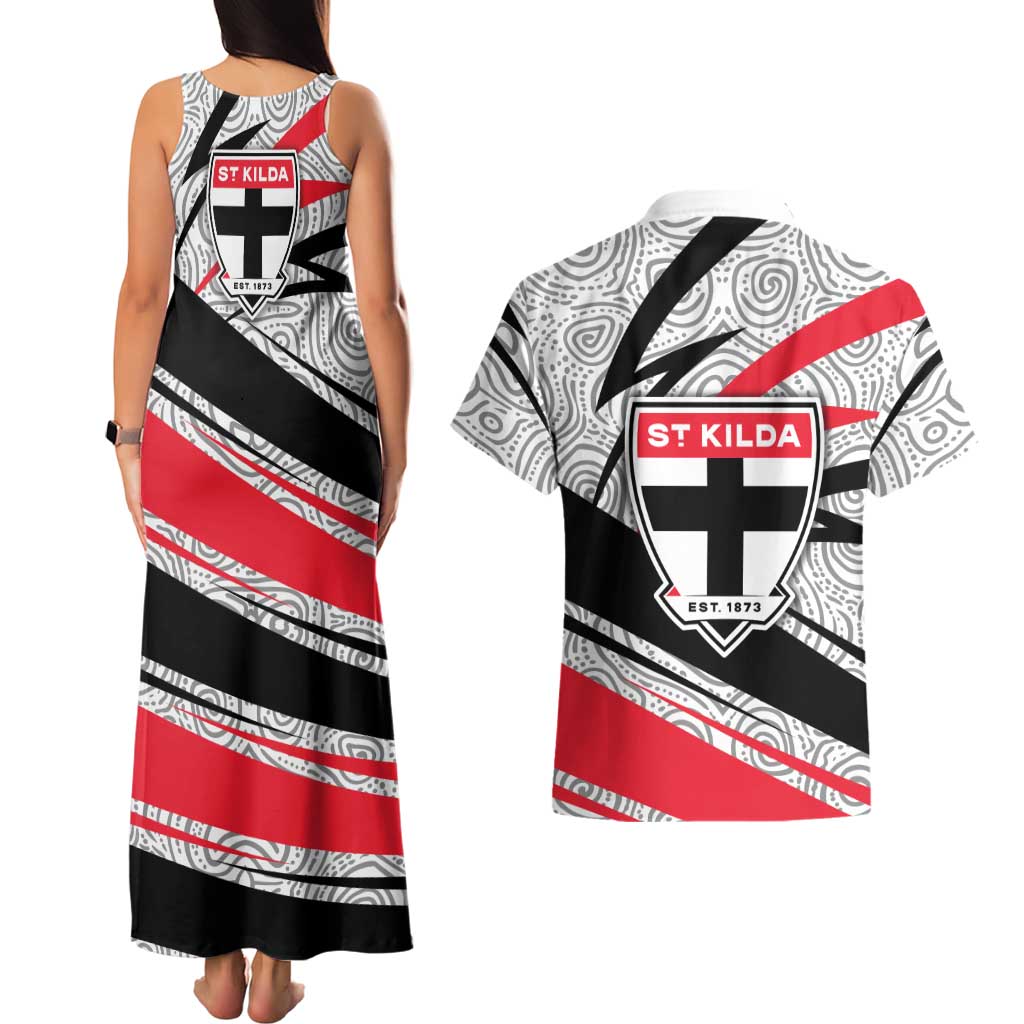 St Kilda Saints Australian Football Couples Matching Tank Maxi Dress and Hawaiian Shirt Superhero Mascot Art With Indigenous Pattern Art