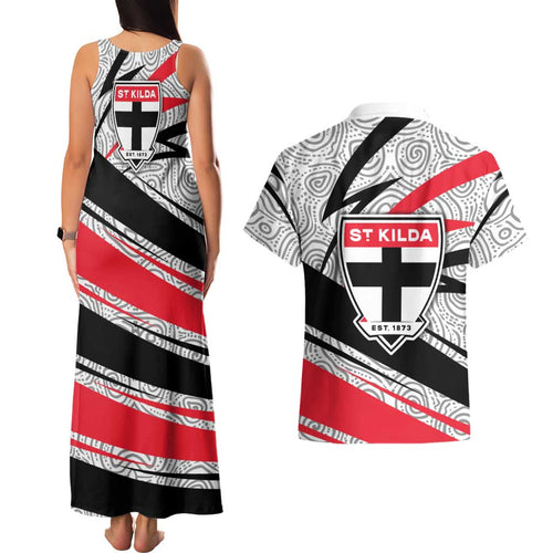 St Kilda Saints Australian Football Couples Matching Tank Maxi Dress and Hawaiian Shirt Superhero Mascot Art With Indigenous Pattern Art
