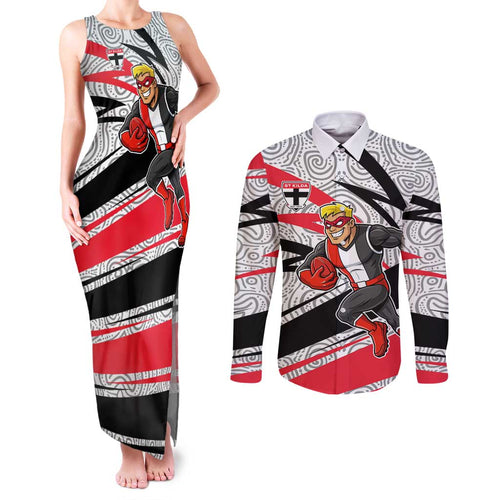 St Kilda Saints Australian Football Couples Matching Tank Maxi Dress and Long Sleeve Button Shirt Superhero Mascot Art With Indigenous Pattern Art