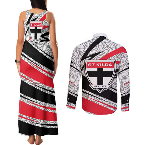 St Kilda Saints Australian Football Couples Matching Tank Maxi Dress and Long Sleeve Button Shirt Superhero Mascot Art With Indigenous Pattern Art