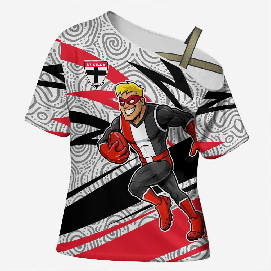 St Kilda Saints Australian Football Cross Shoulder Shirt Superhero Mascot Art With Indigenous Pattern Art