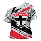 St Kilda Saints Australian Football Cross Shoulder Shirt Superhero Mascot Art With Indigenous Pattern Art