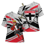 St Kilda Saints Australian Football Cross Shoulder Shirt Superhero Mascot Art With Indigenous Pattern Art