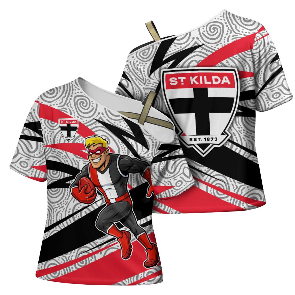 St Kilda Saints Australian Football Cross Shoulder Shirt Superhero Mascot Art With Indigenous Pattern Art