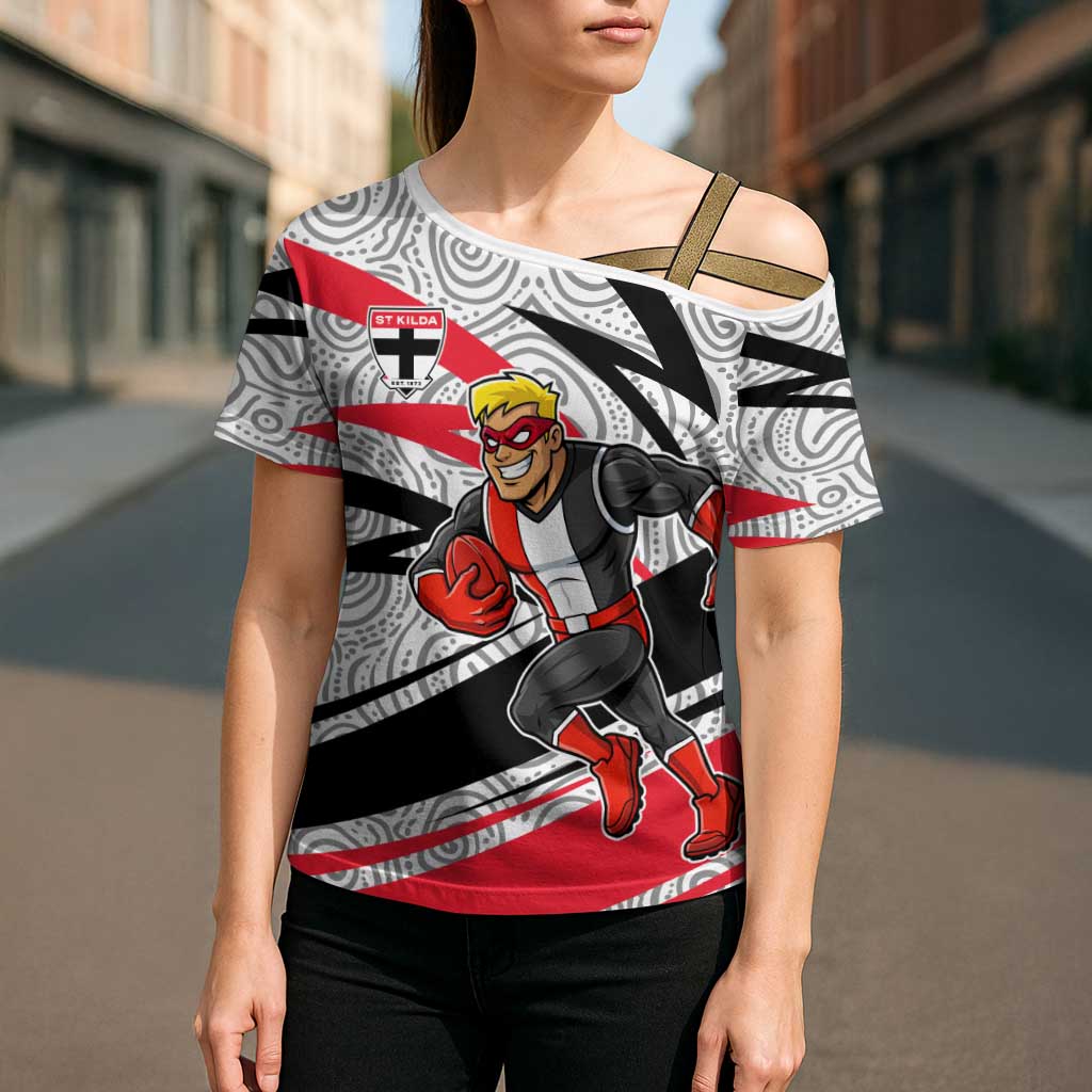 St Kilda Saints Australian Football Cross Shoulder Shirt Superhero Mascot Art With Indigenous Pattern Art