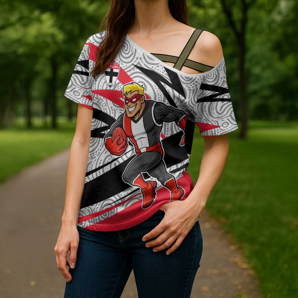 St Kilda Saints Australian Football Cross Shoulder Shirt Superhero Mascot Art With Indigenous Pattern Art
